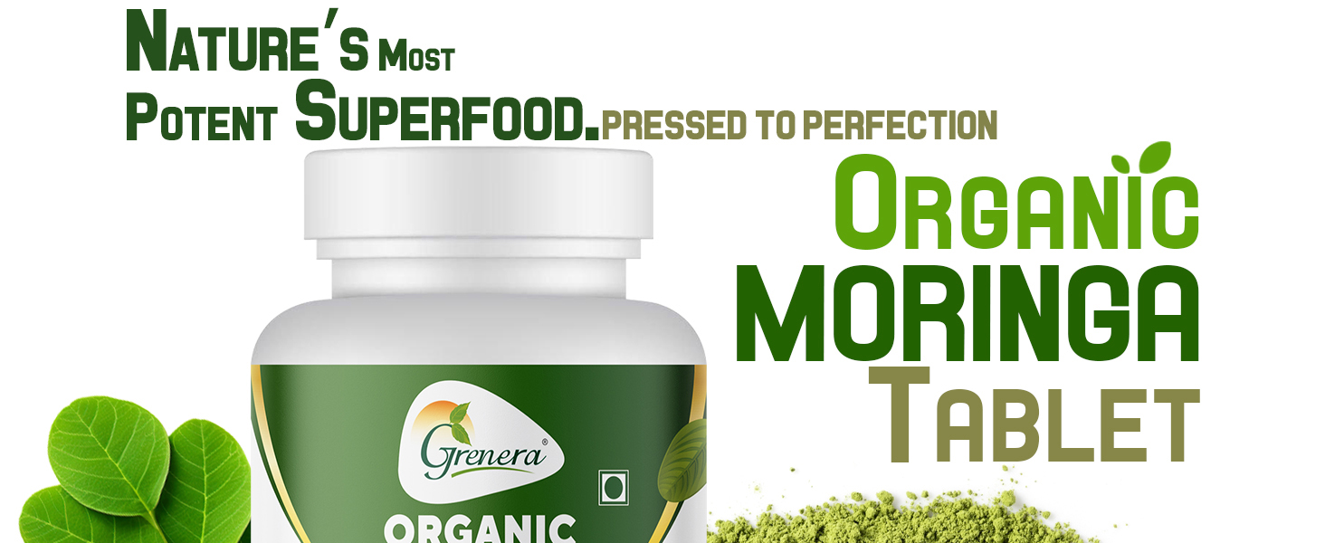 Grenera Organic Moringa Tablets 120 nos, Drumstick Leaf Powder Tablets, Super-Food Shigru, Vegan, Gluten Free, Non GMO