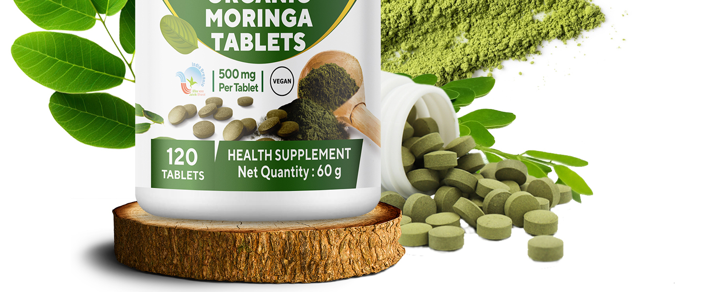 Grenera Organic Moringa Tablets 120 nos, Drumstick Leaf Powder Tablets, Super-Food Shigru, Vegan, Gluten Free, Non GMO