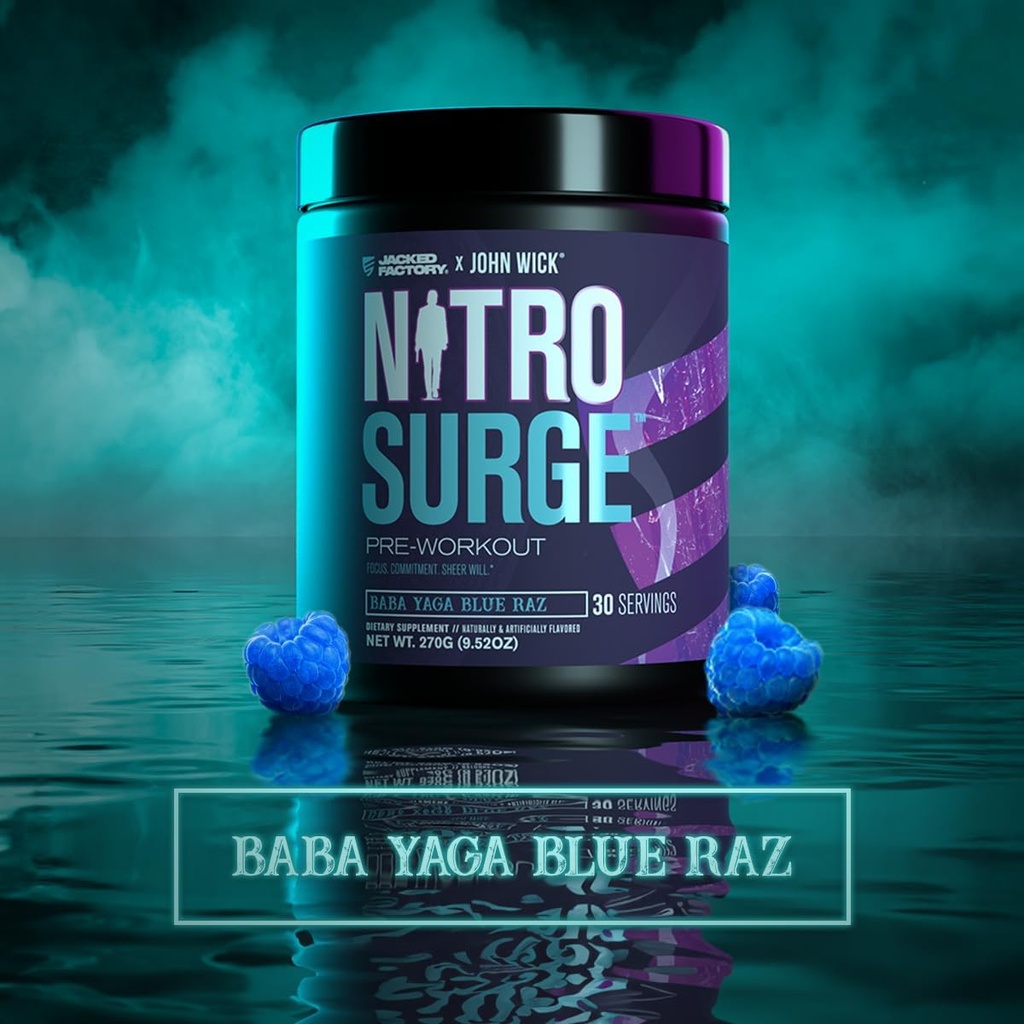 Jacked Factory X John Wick - Nitrosurge Wick Pre Workout Supplement - Intense Energy, Battle-Ready Focus, Unstoppable Commitment, and Sheer Will - 30 Servings, Baba Yaga Blue Raz 4