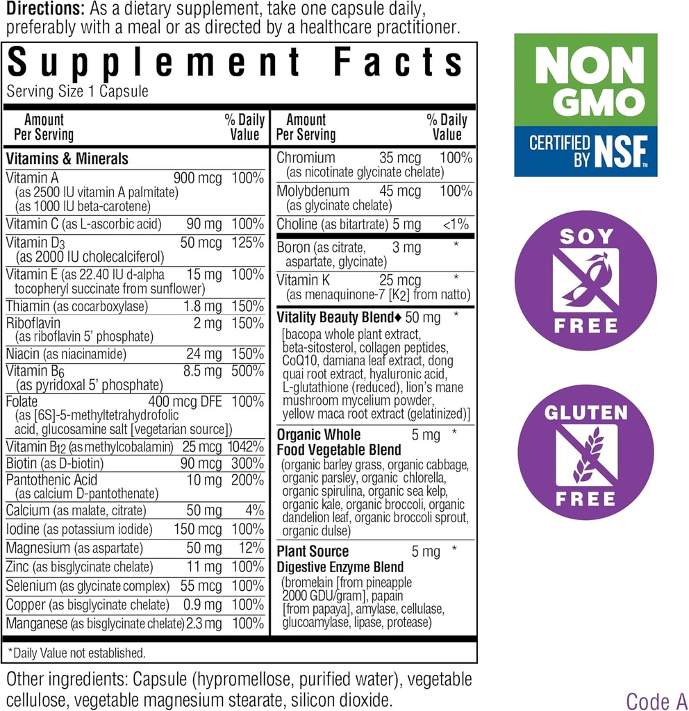 Bluebonnet Nutrition Ladies’ ONE 40+ Whole Food-Bed Multiple, Women Multivitamin for Women 40+, Soy-Free, Non-GMO, Gluten Free, 30 Vegetable Capsules, 30 Servings 3