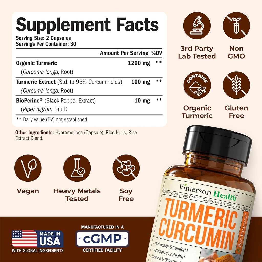 Turmeric Curcumin Supplement with Black Pepper Extract - High Potency Organic Turmeric 1200mg & 95% Curcuminoids for Joint & Digestive Health - Joint Support Supplement - 60 Curcuma Capsules - 2 Pack 4