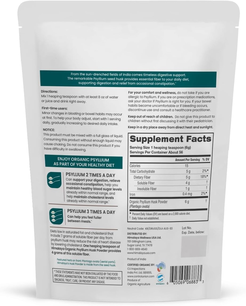 Himalaya Organic Psyllium Husk Powder, Daily Dietary Fiber Supplement, Regularity, Appetite Management, USDA Certified Organic, Non-GMO, No Artificial Colors, Unflavored, 56-Teaspoon Supply, 12 Oz 3