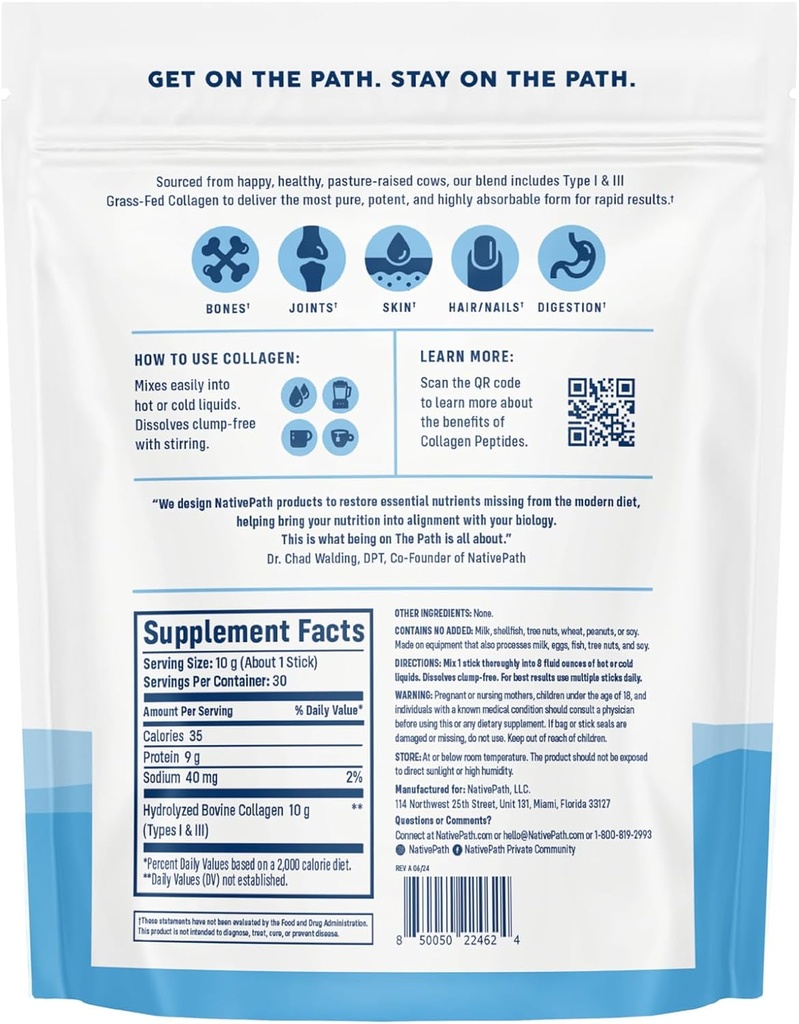 NativePath Collagen Peptides Protein Stick Packs - Hydrolyzed Type 1 & 3 Collagen Powder for Skin, Hair, Nails - 30 Servings 4