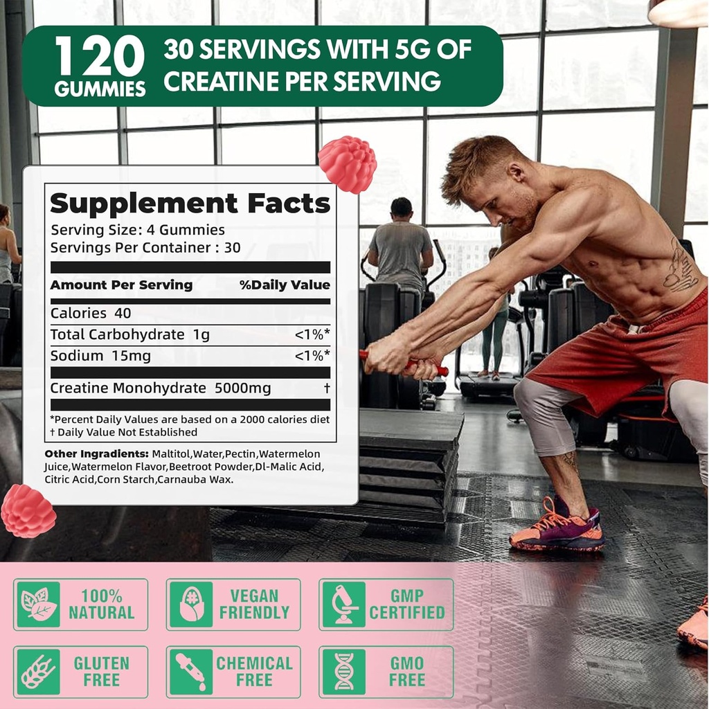 Creatine Monohydrate Gummies 5000mg for Men & Women, Creatine Monohydrate for Muscle Strength, Muscle Builder, Energy Boost, Pre-Workout Supplement(120 Count)-Watermelon Flavor 4