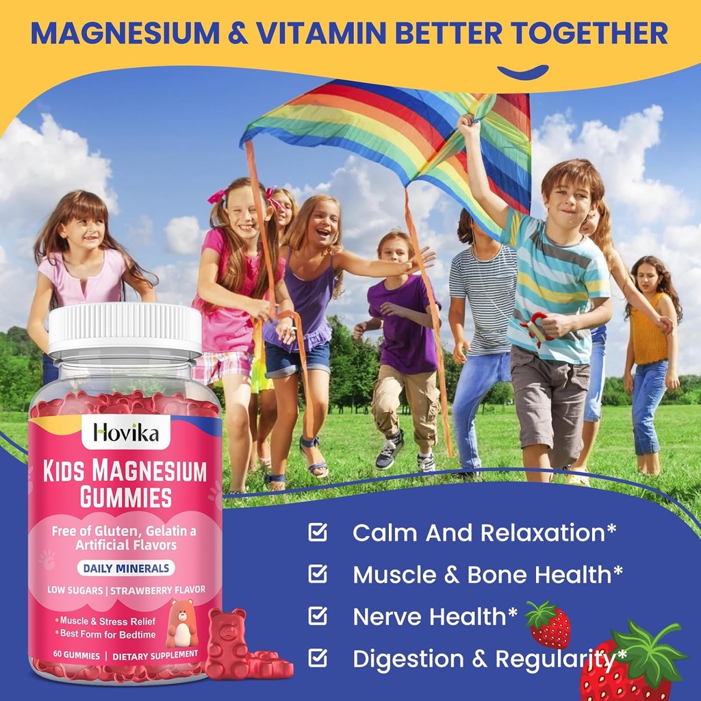 Magnesium Gummies for Kids - Magnesium Citrate + Vitamin B6 & D3 - Great Tasting Kids Magnesium Calm Gummies for Nerve Bone and Muscle Health for Kids Wellness, Vegan Strawberry Flavor 60 Count 3