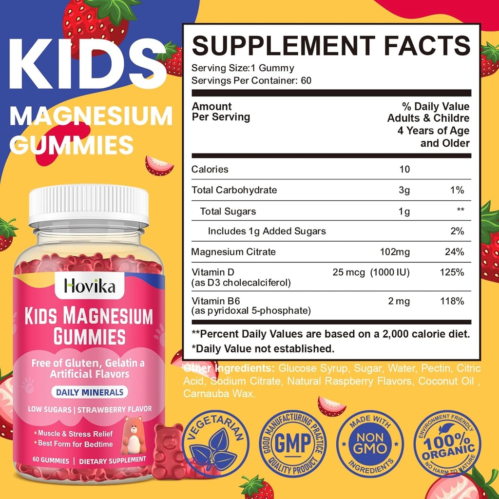 Magnesium Gummies for Kids - Magnesium Citrate + Vitamin B6 & D3 - Great Tasting Kids Magnesium Calm Gummies for Nerve Bone and Muscle Health for Kids Wellness, Vegan Strawberry Flavor 60 Count 4