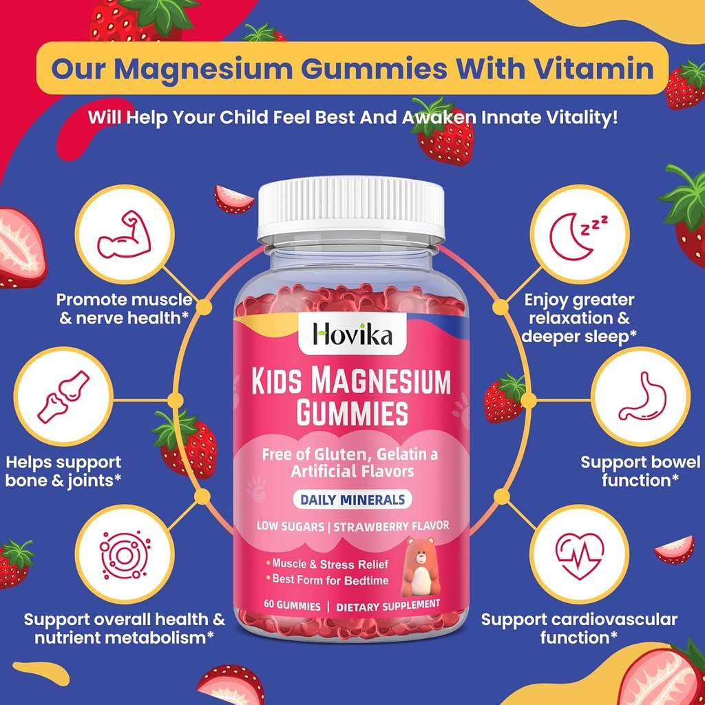 Magnesium Gummies for Kids - Magnesium Citrate + Vitamin B6 & D3 - Great Tasting Kids Magnesium Calm Gummies for Nerve Bone and Muscle Health for Kids Wellness, Vegan Strawberry Flavor 60 Count 5