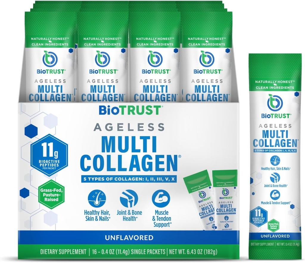 BioTrust Ageless Multi Collagen Peptides Powder – Types I, II, III, V, X – Unflavored Collagen Powder for Women & Men – Hydrolyzed Protein– Grass Fed Beef, Fish, Chicken, Eggshell Membrane(16 packets) 2