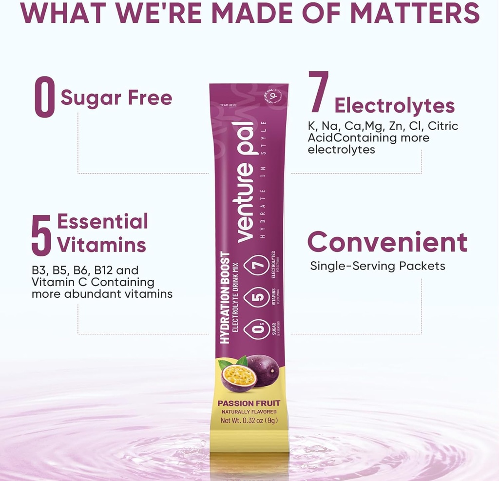 Venture Pal Sugar Free Electrolyte Powder Packets - Liquid Daily IV Drink Mix for Rapid Hydration & Party Recovery | 5 Vitamins & 7 Electrolytes| Keto Friendly | Non-GMO | Certified Vegan | 16 Sticks 5