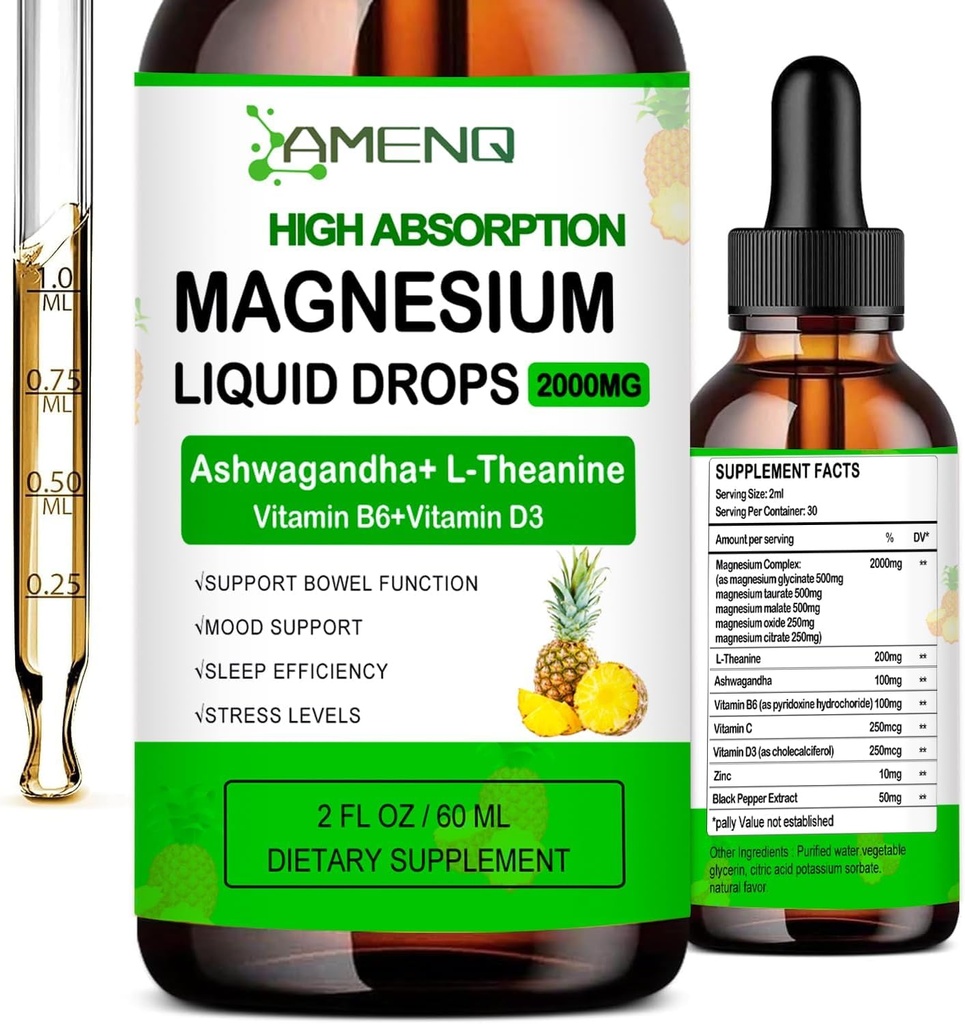 Liquid Magnesium Supplement, Organic 5-in-1 Magnesium Complex Drops 丨 Glycinate, Taurate, Oxide, Malate, Citrate w/L-Theanine, Ashwagandha for Cortisol, Sleep*, Stress, Muscle, 2