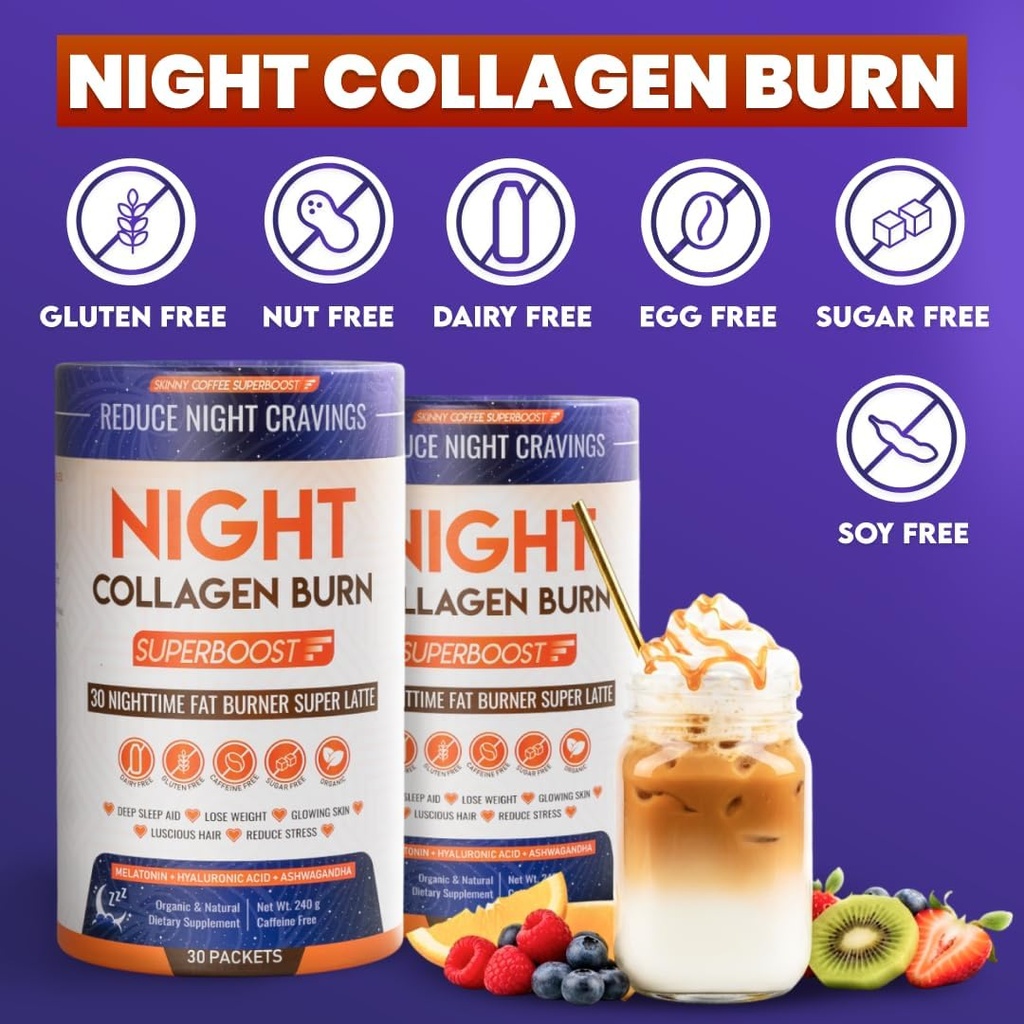 Night Collagen Burn - Weight Loss & Belly Fat Burner & Sleep Aid for Women & Men | Sleep Support for Bloating & Metabolism, Appetite Suppressant | Supports Skin, Hair, Nails & Joints | 30 Servings 6