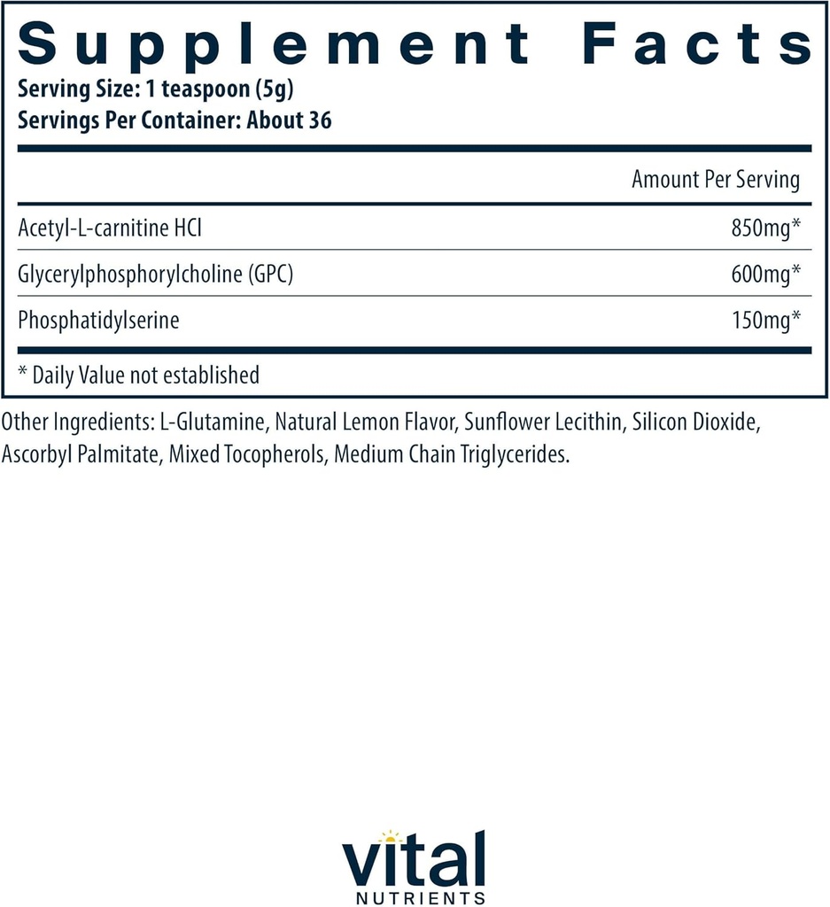 Vital Nutrients Vital Brain Powder | Phosphatidylserine, Acetyl-L-Carnitine Brain Supplement | Nootropic | Healthy Cognitive Function, Memory, Learning* | Gluten, Dairy, Soy Free | Lemon | 150g 3