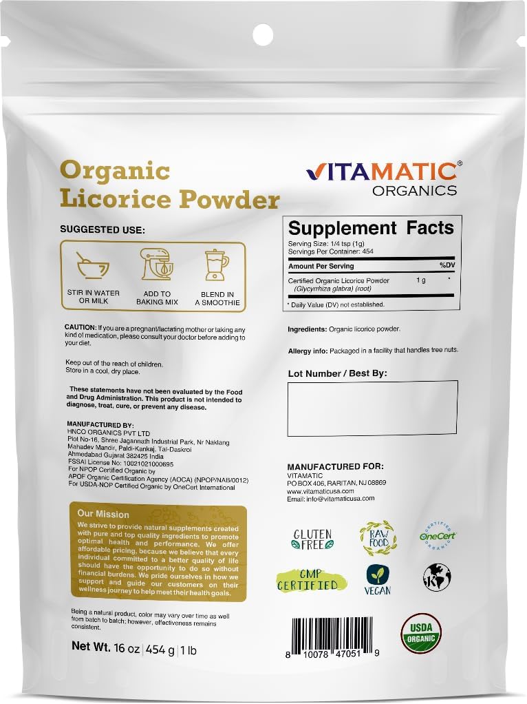 Vitamatic Certified USDA Organic Licorice Root Powder – 1 lb (16 oz) Also Known as Malethi or Mulethi | Pure Glycyrrhiza Glabra | Supports Respiratory, Digestive, & Immune Health 3