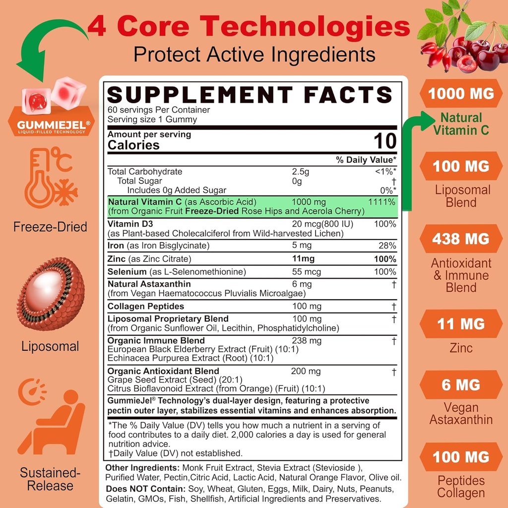 Natural Liposomal Vitamin C 1000mg Gummies for Adults Kids 9+, 1660mg Chewable Vitamin C w/ 11mg Zinc, D3, Elderberry, Echinacea, Bioflavonoid, Immune Support - Organic VIT C from Fruits, Sugar Free 3