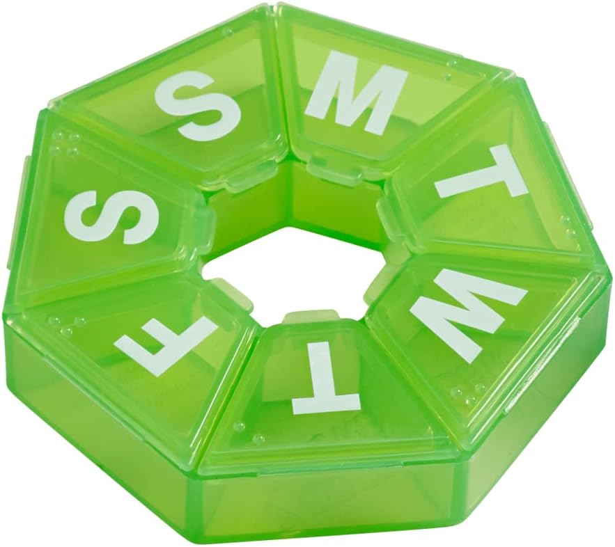 EZY DOSE Weekly Pill Organizer, Medicine Box, and Vitamin Planner, Travel Pill Planner, Portable Storage, 7-Sided, Green, BPA Free 2