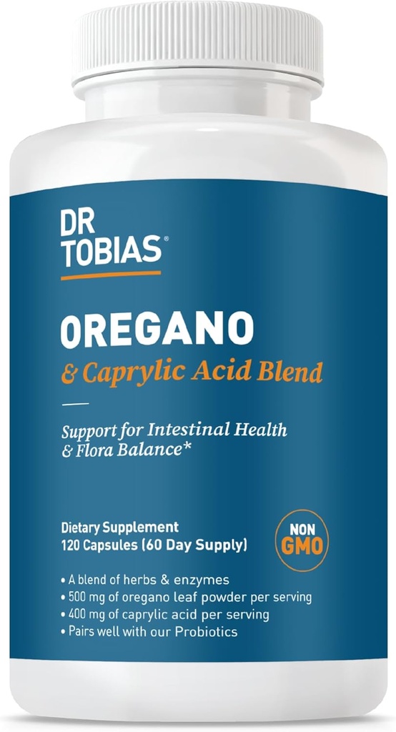 Dr. Tobias Oregano and Caprylic Acid Blend, Gut Flora Balance Complex with Probiotics & Enzymes for Intestinal and Immune Support, Gut Health Supplements for Women & Men, 120 Capsules, 60 Servings 2