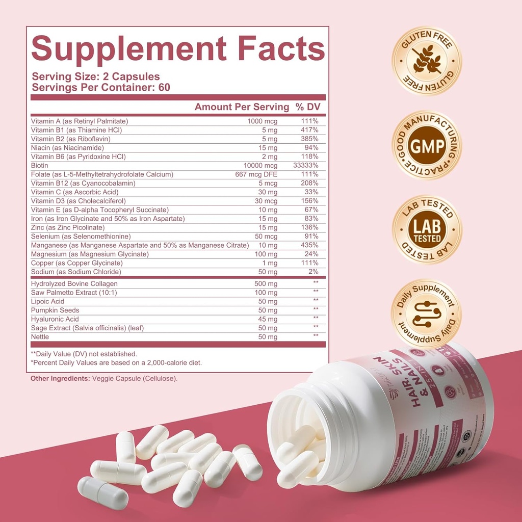 Hair Skin and Nails Vitamins with Biotin, Collagen & Hyaluronic Acid, Supports Healthy Hair Growth, Strong Nails & Glowing Skin, Biotin Supplement with Vitamins A, C, D3, E, B Complex & Minerals 3
