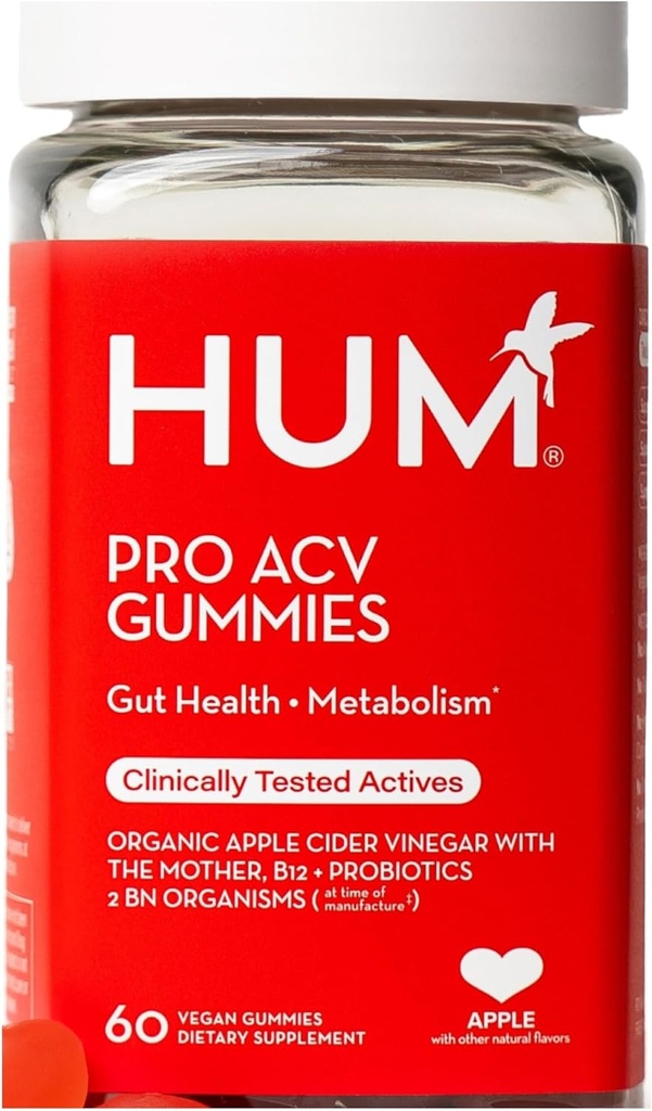 HUM Pro Apple Cider Vinegar Gummies with Probiotics for Digestive Health & Gut Health,100% Organic Apple Cider Vinegar with Mother Gummy Vitamins, Vitamin B12 for Energy Support, 60 ACV Gummies 2