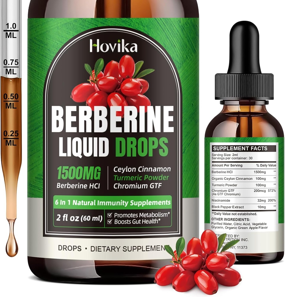 Berberine HCL Liquid Drops - 1500 mg Berberine Supplement with Ceylon Cinnamon, Chromium, Turmeric, Niacinamide - Supports Metabolism and Immune System, Gut Health - 2 FL Oz Vegan 2