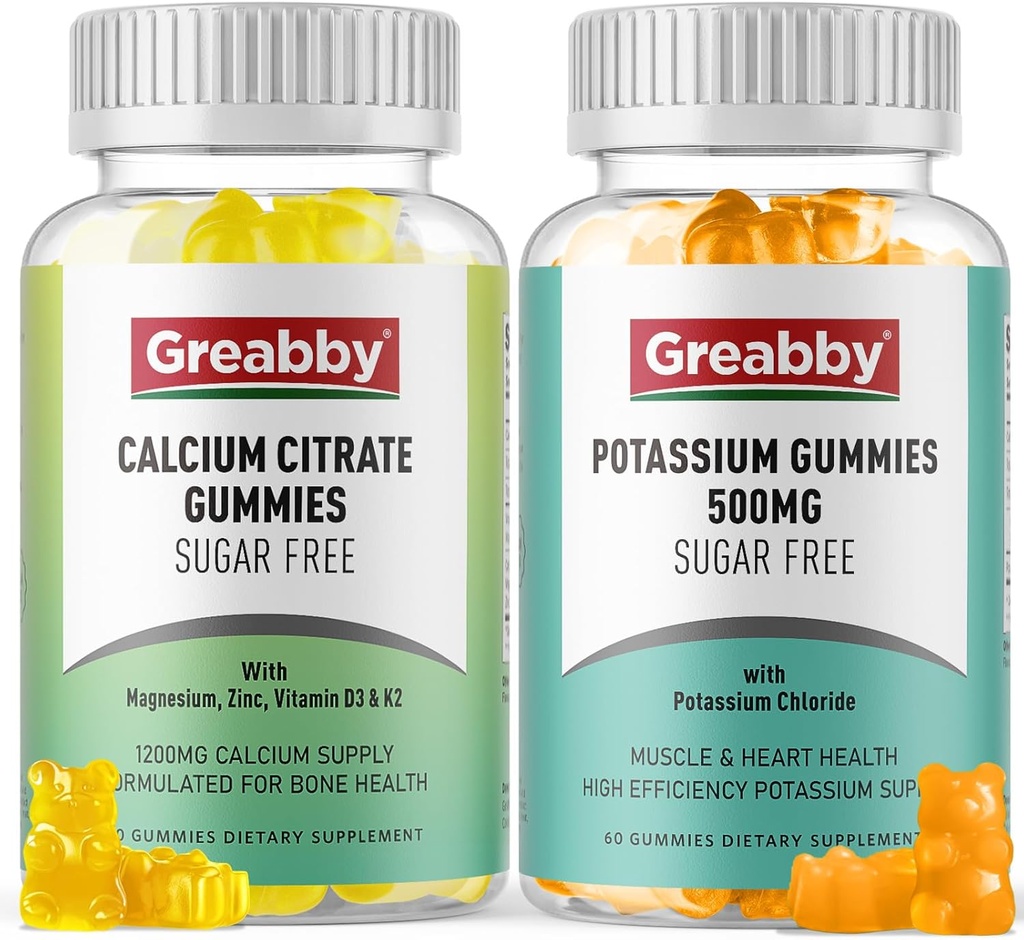 Potassium Gummies & Calcium Citrate Gummies, Sugar-Free, Potassium Chloride 500 mg, Calcium Citrate 1200 mg, Bone & Muscle Health 2