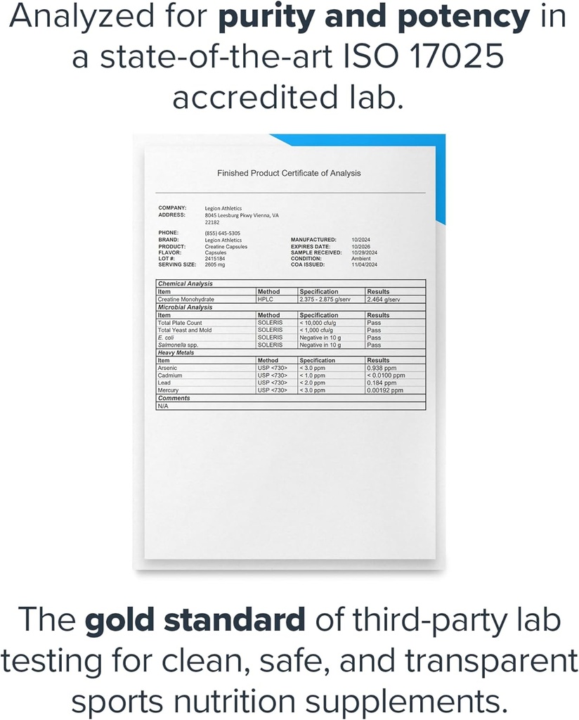 LEGION Micronized Creatine Monohydrate Supplement - Clean Creatine Powder for Muscle Gain & Post Workout Recovery - Micronized Creatine Supplement for Maximum Absorption (30 Servings, Capsule) 5