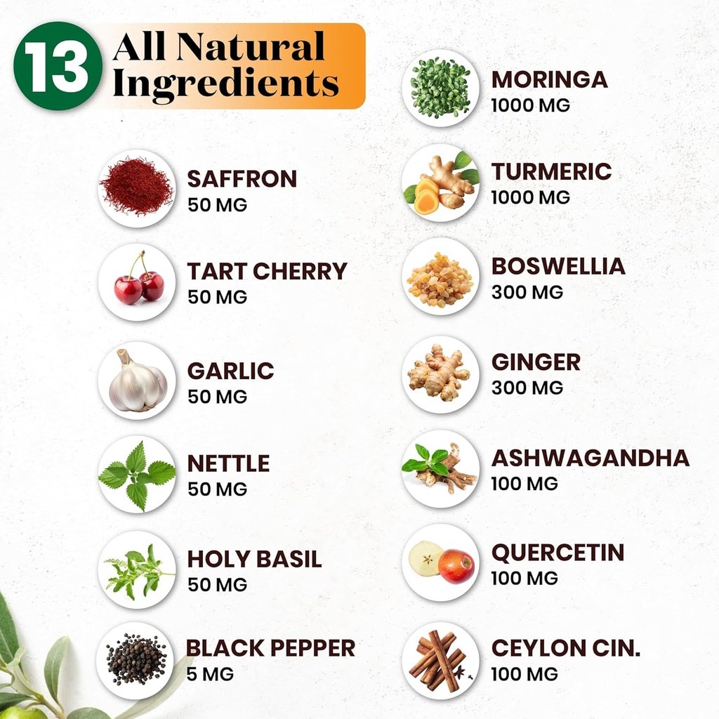 Turmeric Moringa Supplement | Ginger, Boswellia, Saffron, Holy Basil- Joint Support Supplement for Women and Men with Ceylon Cinnamon, Quercetin, Tart Cherry- 240 Count 5