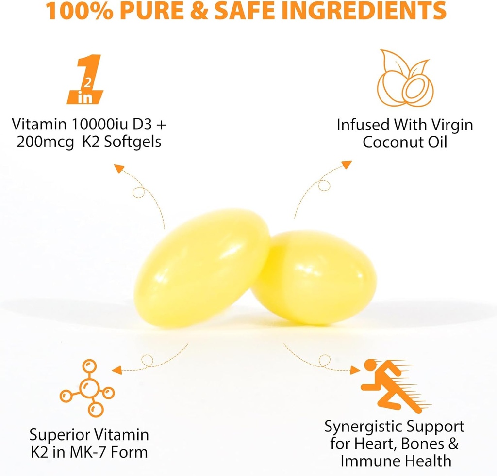 120 Softgels Vitamin D3 K2 10000IU 200MCG - Coconut Oil - Support Immune, Heart Health - Maintains Cardiovascular Health - Superior Absorption- Easy to Swallow 6