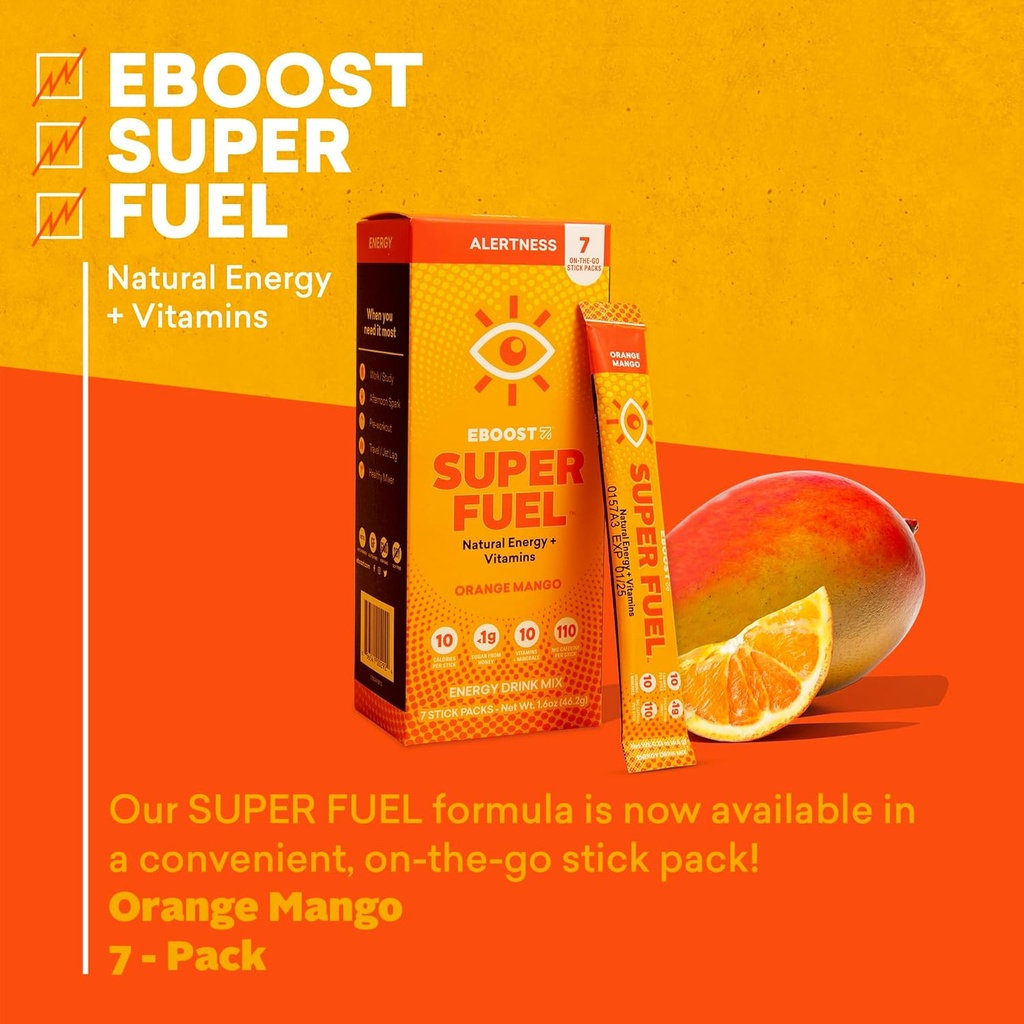 EBOOST Energy Drink Powder, Super Fuel - Orange Mango, 7 Packets - Pre-Workout Powder Energy Drink Mix - Natural Energy, L-Tyrosine, L-Theanine & Vitamins - Preworkout for Women & Men to Go 3