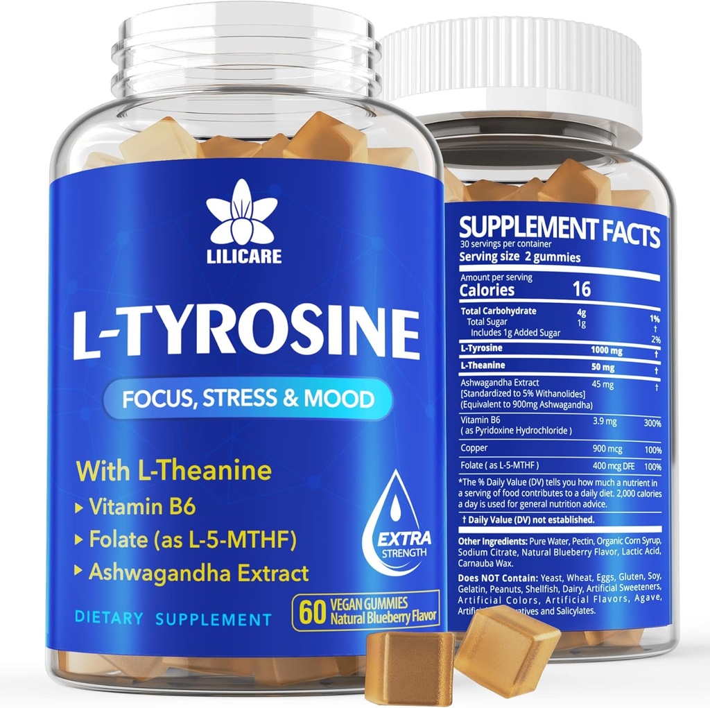 L Tyrosine Gummies 1100mg Mood Support Blend with Ashwagandha, L-Theanine, Vitamin B Complex B6, Folate B9, for Focus & Memory, Cognition & Brain Function, Energy Boost, Stress Support, Vegan 60Cts 2