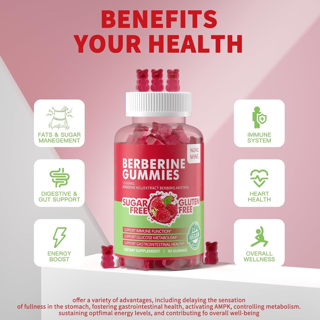 Berberine Gummies with Ceylon Cinnamon 1500mg High Potency Berberine HCL Supplement for Immune and Metabolism Support, Sugar Free Organic Berberine Gummies Raspberry Flavor. 4