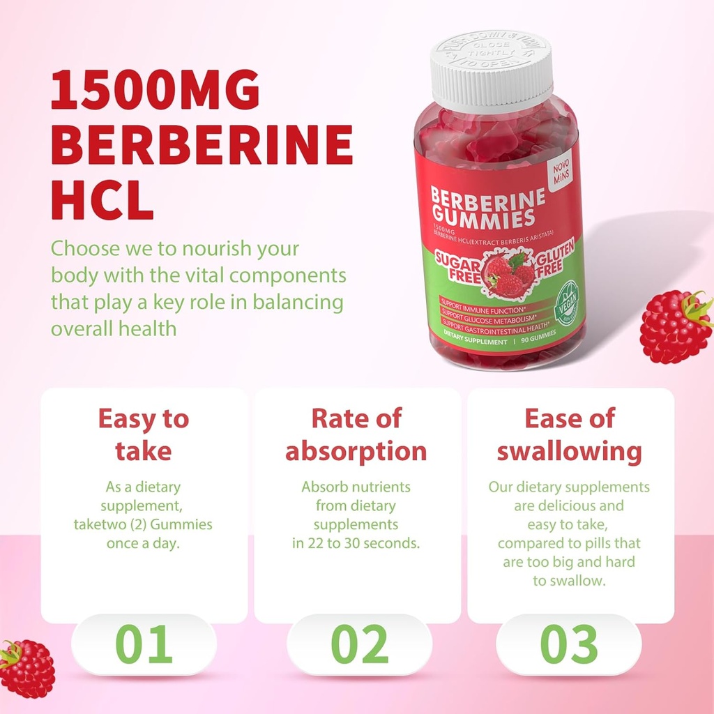 Berberine Gummies with Ceylon Cinnamon 1500mg High Potency Berberine HCL Supplement for Immune and Metabolism Support, Sugar Free Organic Berberine Gummies Raspberry Flavor. 5