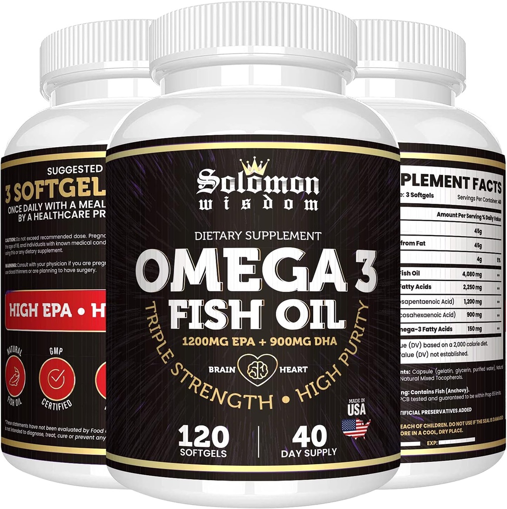 SOLOMON WISDOM Omega 3 Fish Oil - Dietary Supplement for Healthy Heart & Brain - 120 Soft Gel Capsules with High EPA 1200mg & DHA 900mg - Burpless, Odorless with Natural Lemon Flavor 2