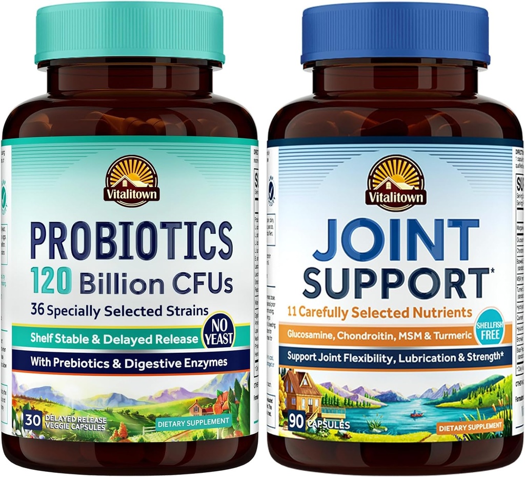 Vitalitown Probiotic + Glucosamine Chondroitin MSM Bundle (Pack of 2) | Probiotics 120 Billion CFUs (Item 1) & Joint Support* (Item 2) | 30 Probiotic Capsules & 90 Joint Capsules 2