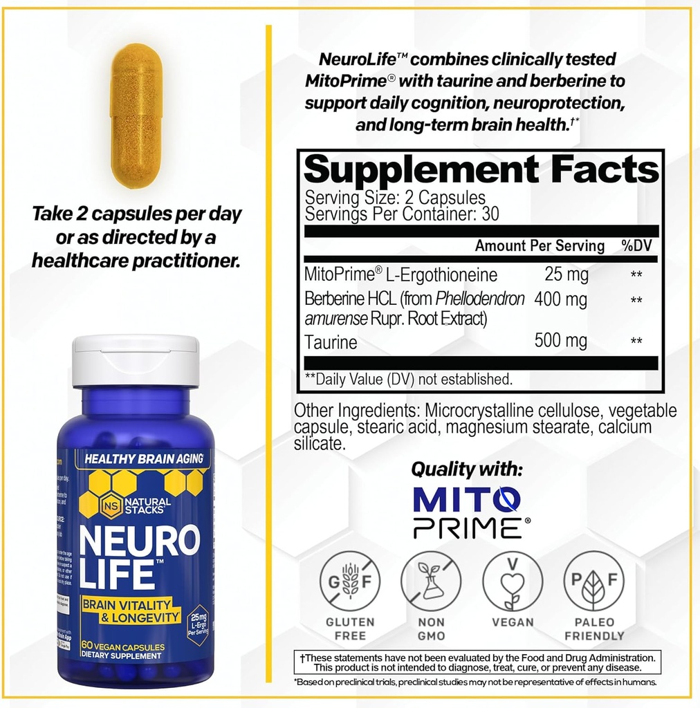 NATURAL STACKS Lions Mane+ Mushroom + NeuroLife Supplement Bundle - Supports Memory, Vitality & Longevity - 120 Total Capsules 6