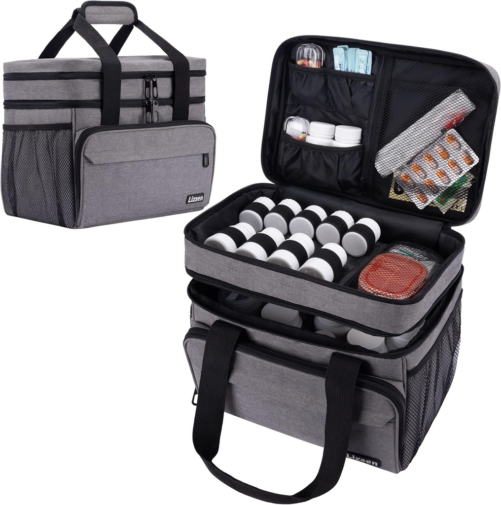 Large Medicine Storage Bag, Double Layer Pill Bottle Organizer Storage Bag with Lockable Zipper, Medication Travel Bag Carrying Case for Men Women 2