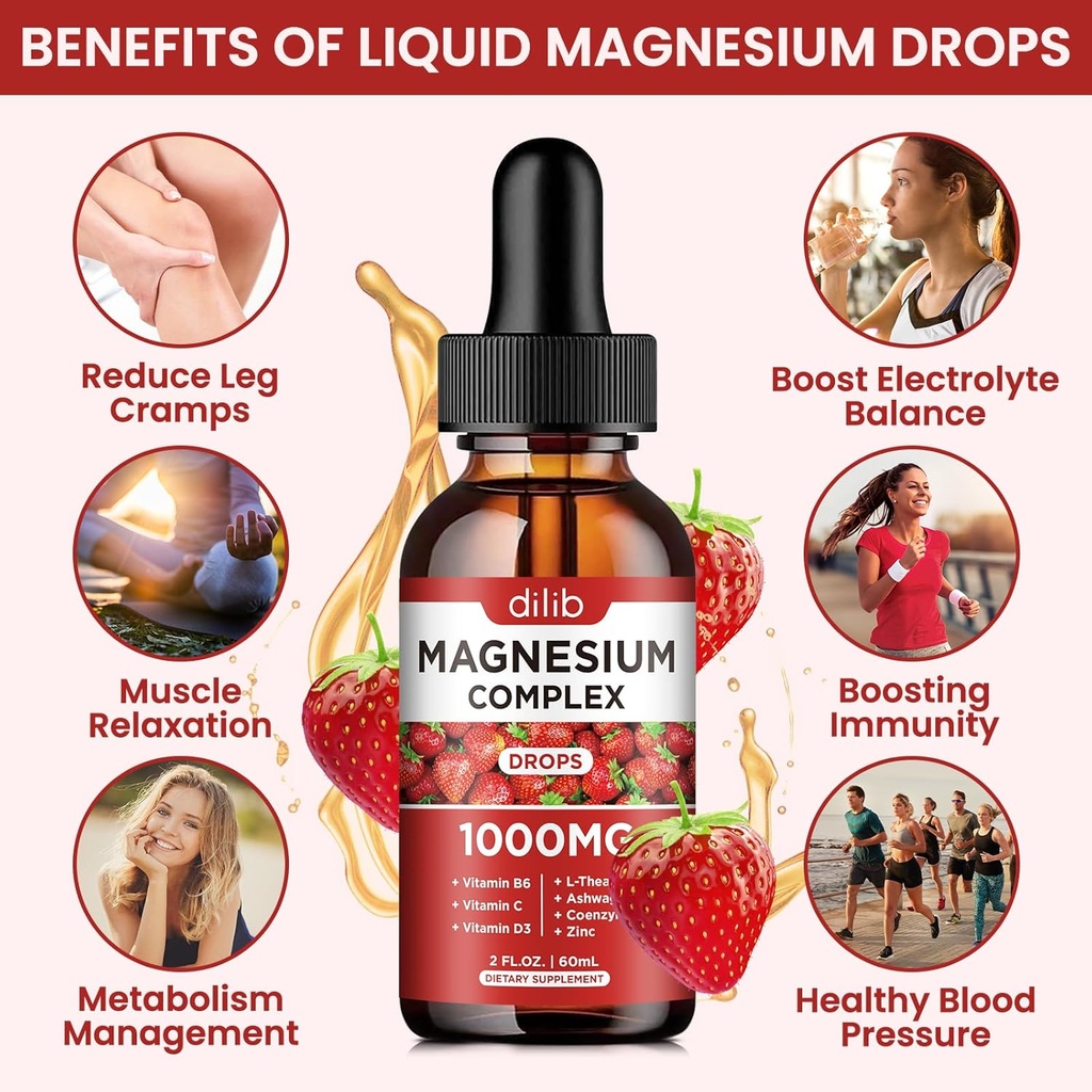Triple Magnesium Complex Supplement, Magnesium Glycinate, Blend, Citrate Liquid Drops 1000mg with Ashwagandha, CoQ10, Vitamin B6, C, D, Zinc -Support Calm Stress Relief, Bone, Muscle, Mood Vegan 4