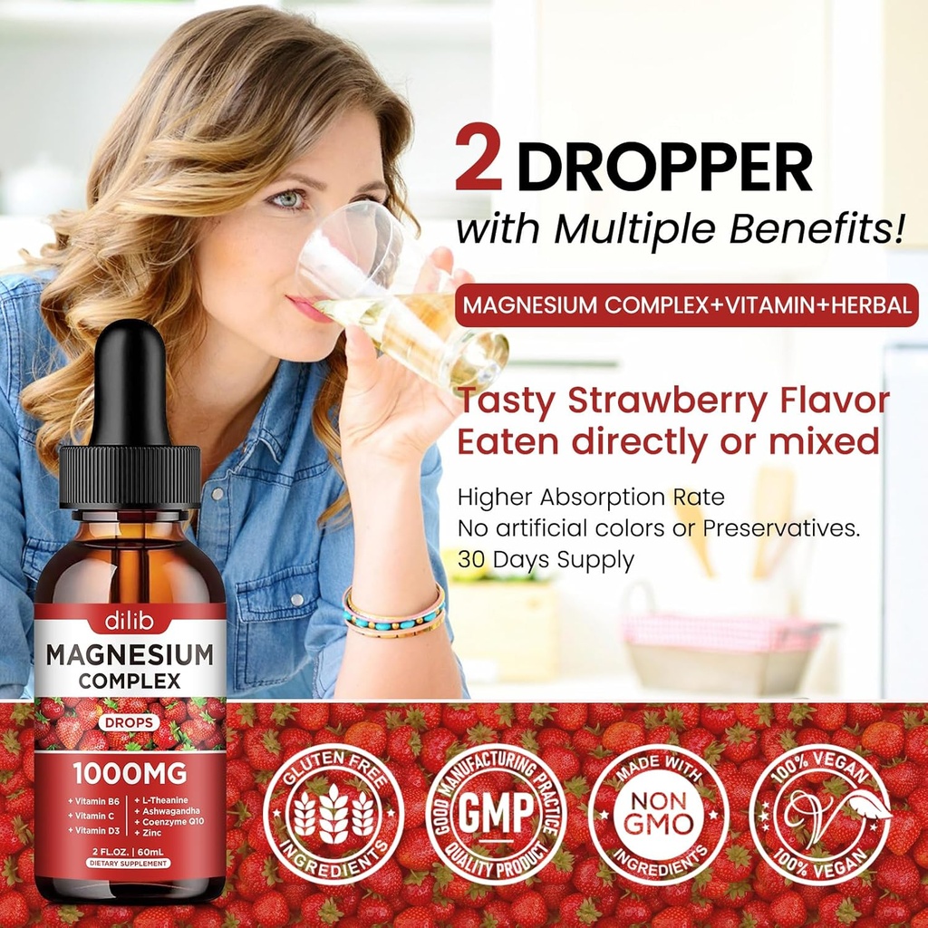 Triple Magnesium Complex Supplement, Magnesium Glycinate, Blend, Citrate Liquid Drops 1000mg with Ashwagandha, CoQ10, Vitamin B6, C, D, Zinc -Support Calm Stress Relief, Bone, Muscle, Mood Vegan 6