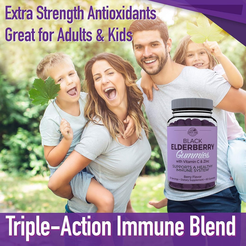Country Farms Elderberry Gummies with Vitamin C and Zinc, Supports Healthy Immune System, Rich in Antioxidants, Triple Action Immune Blend, Berry Flavor, 60 Gummies, 30 Servings 4