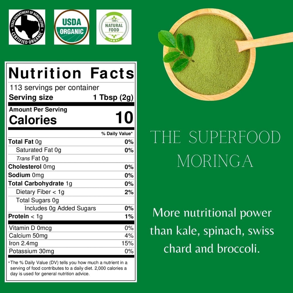 Organic Moringa Leaf Powder – USDA Certified Green Superfood | Natural Energy & Immune Support – Vegan, Non-GMO, Gluten-Free – Pure Raw Moringa for Smoothies, Teas, Cooking – 8oz Resealable Pouch 3