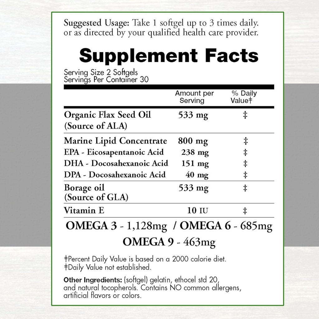 Natural Omega 3-6-9 Blend with DPA, EPA, DHA, ALA and GLA and Organic Flax Seed Oil Plus Wild Caught Natural Fish Oil - Over 2,800 Milligram Strength - Gluten Free - Made in The USA - 60 SoftGels 3