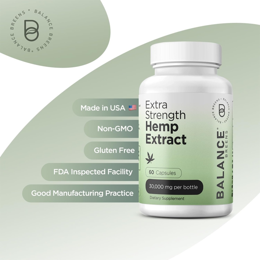 Balance Breens Hemp Extract Capsules 30,000 mg per Bottle - Natural Dietary Supplement Supports Brain Functions, Immune Support - Rich in Omega 3-6-9 Fatty Acids (60 Count (Pack of 1)) 6