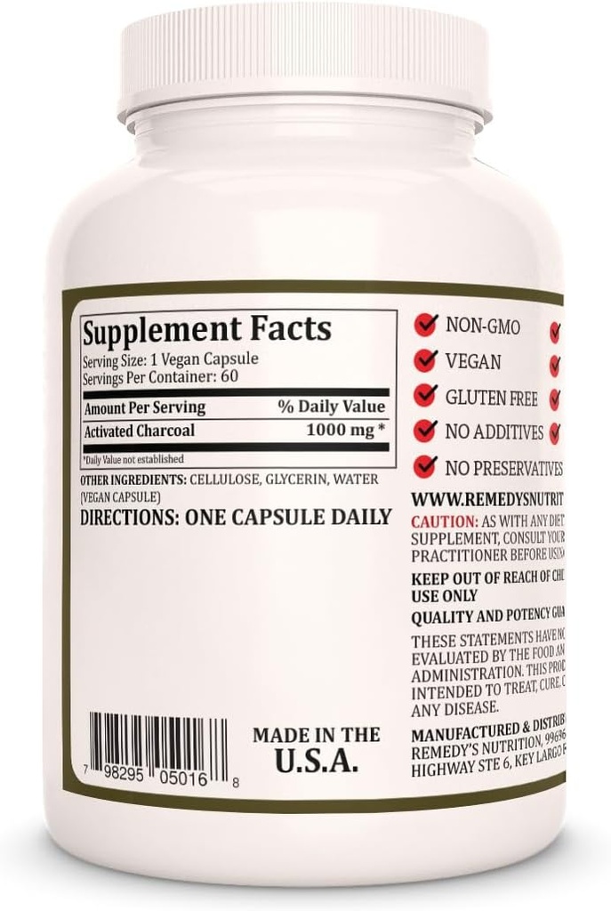 Remedy's nutrition Activated Charcoal | 1,000 mg, 60 Vegan Capsules Dietary Supplement 3