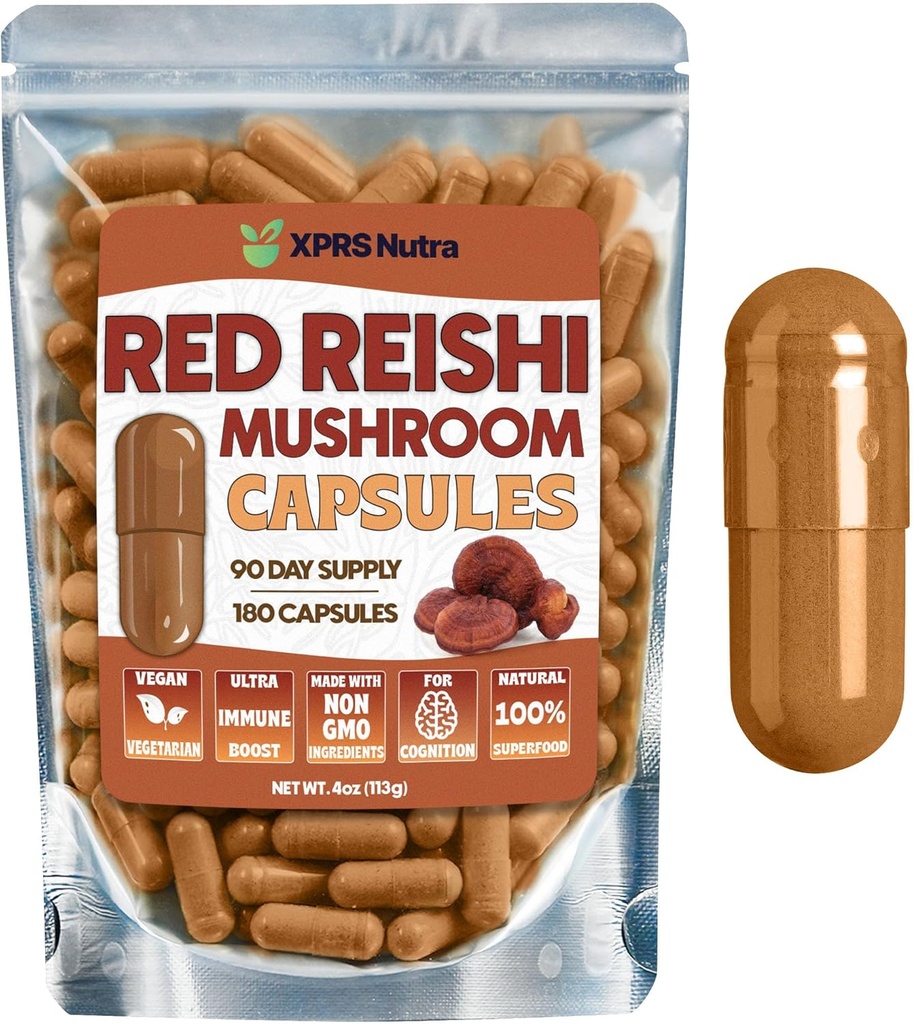 Reishi Mushroom Capsules - 180 Count Red Reishi Mushroom Capsules - 3 Month Supply Real Mushrooms Reishi Supplement Pills for Cognitive and Immune Boost - Mushroom Reishi Hongo Reishi Organico 2