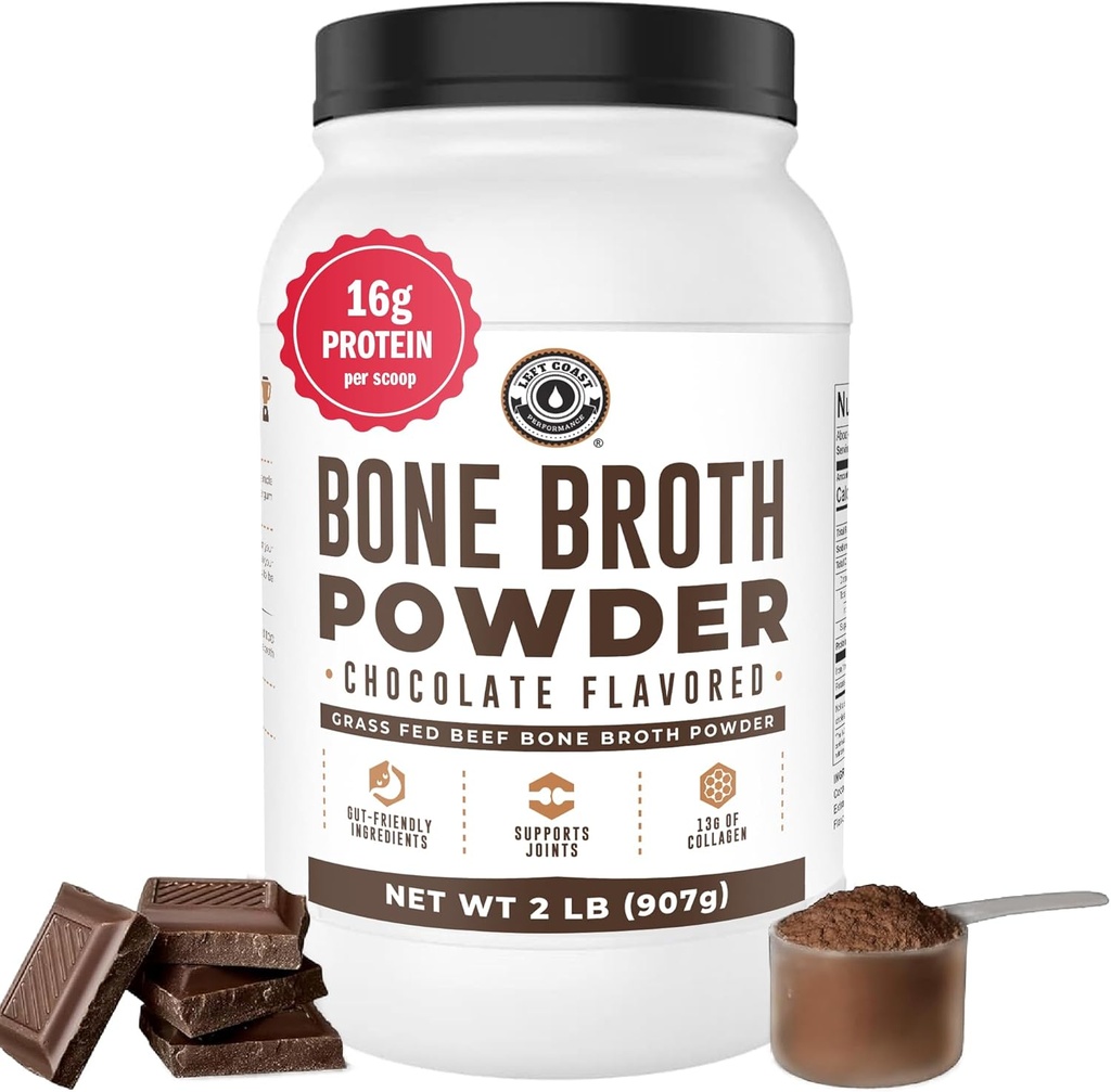 Bone Broth Protein Powder, Chocolate, Grass Fed 2lbs, 42 servings 16g protein, 13g Collagen. Low Carb, 2 net Carb, Dairy Free, Keto Friendly Bone Broth Protein Supplement with Collagen Types I & III 2