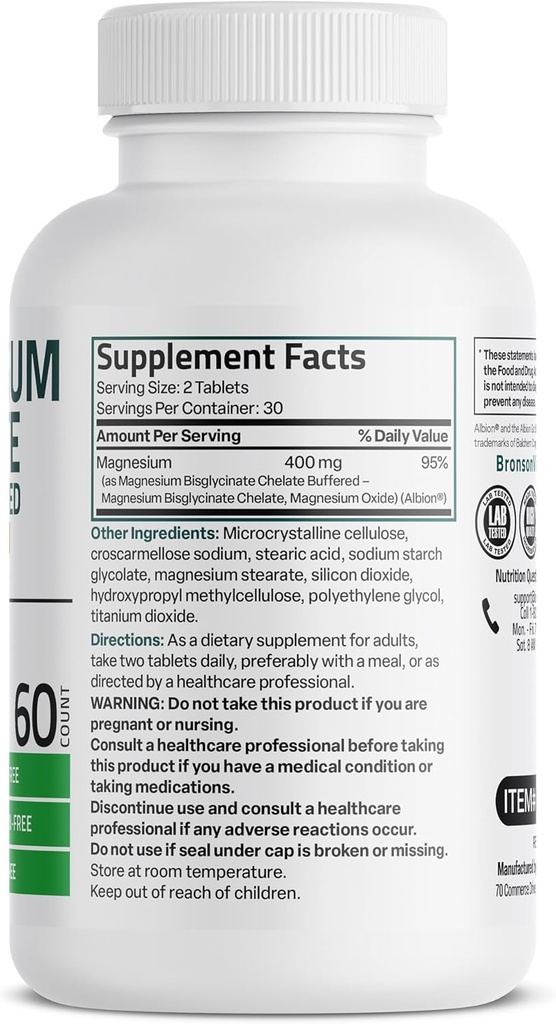 Bronson Magnesium Glycinate 400mg Extra Strength, Vegetarian, Chelated for Absorption Gentle on The Stomach, Non-GMO, 60 Tablets 3