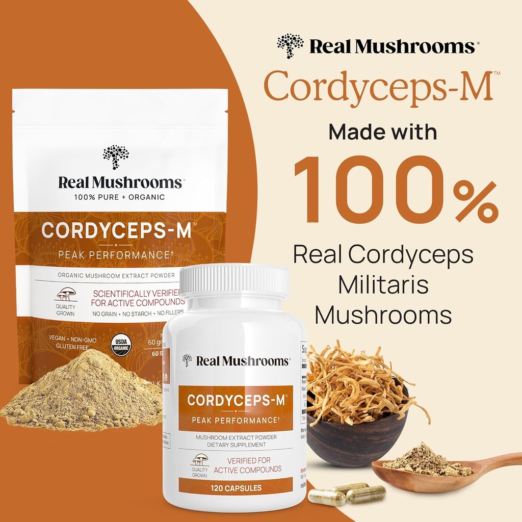 Real Mushrooms Ergothioneine (60ct) and Cordyceps-M (120ct) Bundle with Shiitake and Oyster Mushroom Extracts - Longevity and Energy - Vegan, Gluten Free, Non-GMO - Natural Support for Healthy Aging 3