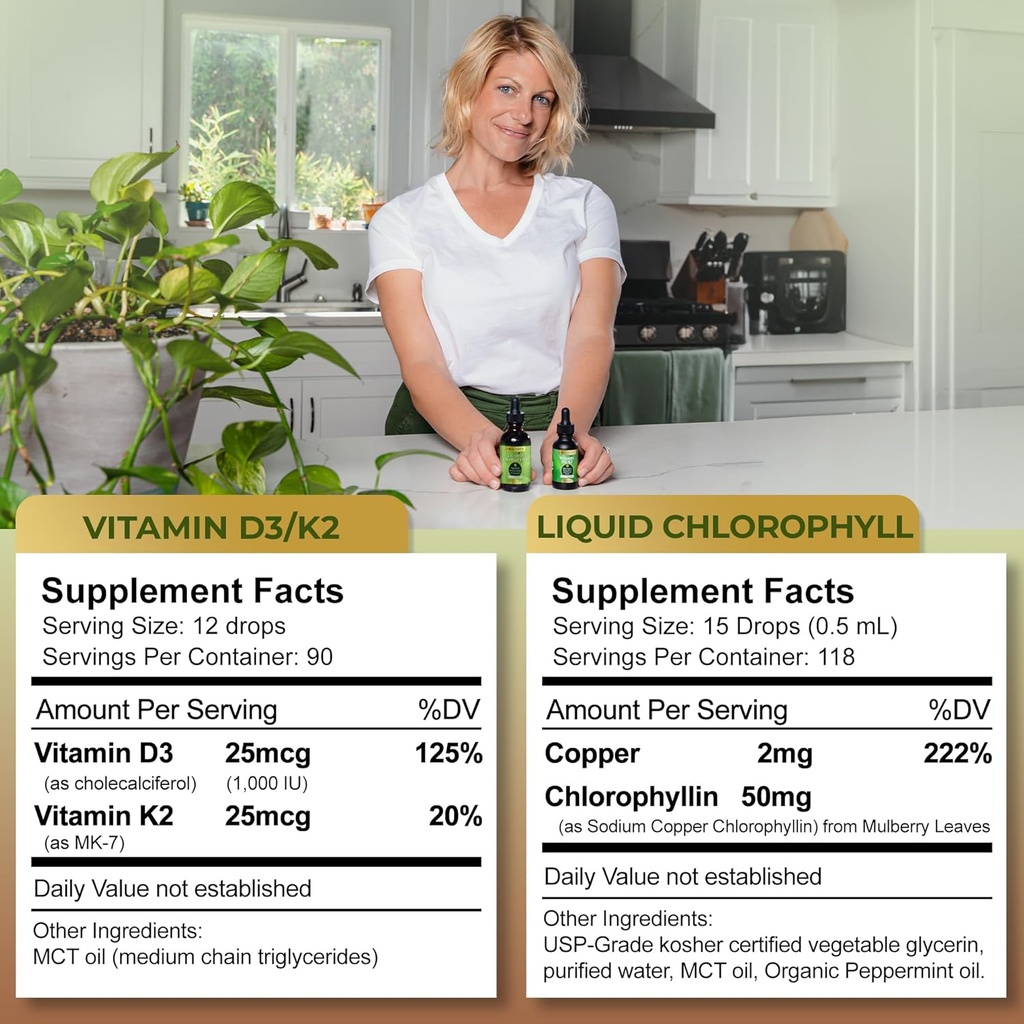 Go Nutrients Liquid Vitamin D3 with K2 (MK-7) & Liquid Chlorophyll | Sodium Copper Chlorophyllin Supplement | Vegan-Friendly 2