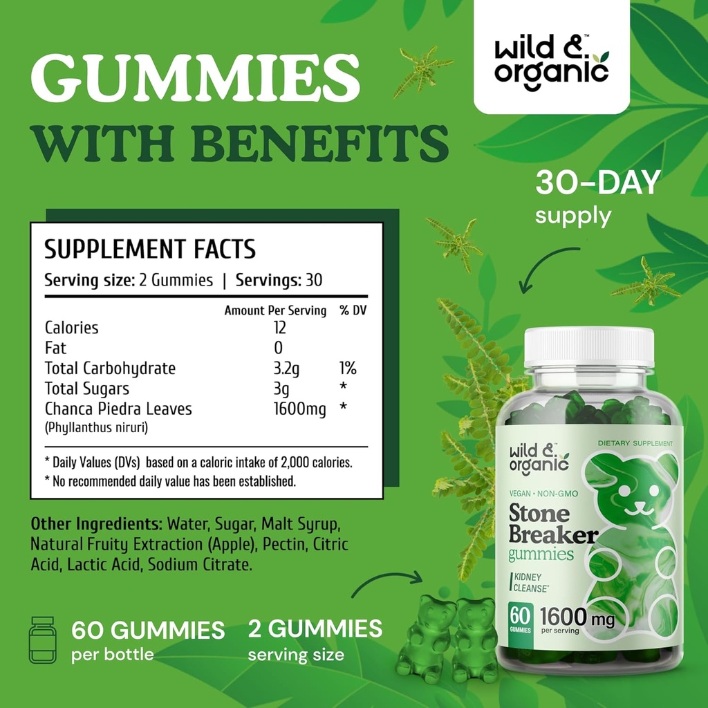 Wild & Organic Chanca Piedra Stone Breaker Gummies 1600mg - Kidney Cleanse Detox & Gallbladder Support - Kidney Stones Dissolver w/Chanca Piedra Herb - 60 Vegan Gummies 4