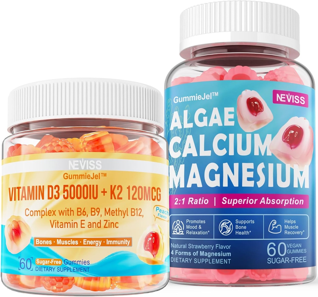 NEVISS Vitamin D3 5000IU + K2 (MK-7) 120mcg + Calcium Supplement 600mg, Algae Calcium Magnesium 2:1 2