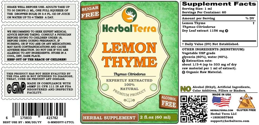 Lemon Thyme (Thymus x Citriodorus) Glycerite, Organic Dried Herb Alcohol-Free Liquid Extract (Brand Name: HerbalTerra, Proudly Made in USA) 2 fl.oz (60 ml) 3